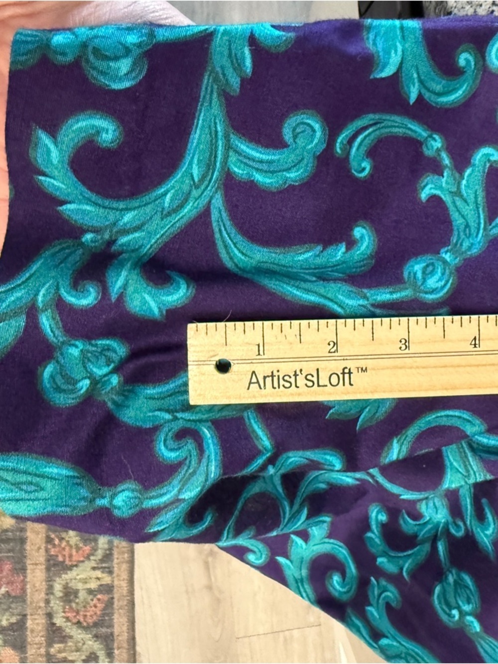 Patty O’Neil VTG 80s Purple Teal Baroque Print Rayon Dress w/ Suede Trim | Sz 6 - Picture 8 of 12